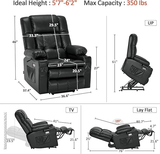 MCombo Dual Motor Large Power Lift Recliner Chair for Elderly, Lay Flat Lift Chair with Heat and Massage, Big Lift Recliner for Tall People, Faux Leather 7896 (Black, Large)