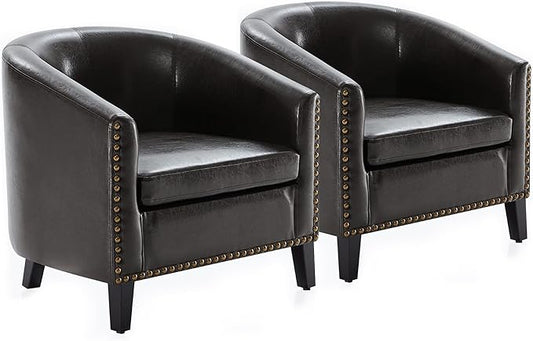 BELLEZE Accent Barrel Chair, Set of 2 Modern Faux Leather Tub Club Chair Upholstered Armchair with Gold Nail Head Trim and Black Legs for Living Room Bedroom Apartment Lounge - Dark Brown