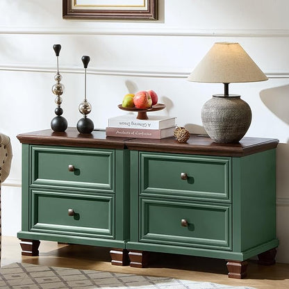 Farmhouse Nightstand Set of 2 for Bedroom, Mid-Century Low Nightstands with 2 Drawers & Charging Station, Vintage Night Stands with 4 Square Solid Wood Legs, Small Dresser for Home, Green
