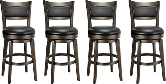 PrimeZone Swivel Bar Stools Set of 4, 24 Inch Counter Height Barstools, Black Faux Leather Bar Stool with High Backrest & Solid Wood Leg & Wrap-Around Footrest, Counter Stools for Kitchen Island, Pub
