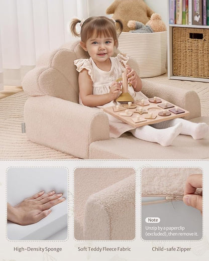 Blissful Diary Kids Couch, 2-in-1 Soft Toddler Couch Fold Out, Toddler Chair Comfy, Convertible Sofa to Lounger, Kids Furniture for Playroom, Gift for Birthday, Children's Day, Beige Shell
