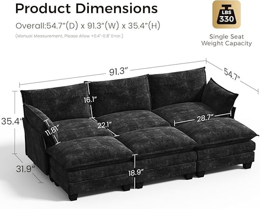 KKL 91.3" Large Modular Sectional Sofa Bed, 6 Seater Convertible J/L-Shaped Sleeper Cloud Couch with Ottoman, Chenille Sectional Couches for Living Room, Apartment, Black
