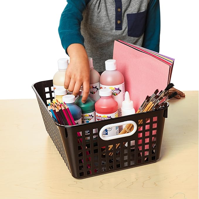 Really Good Stuff - 160016BK Multi-Purpose Plastic Storage Baskets for Classroom or Home Use - Stackable Mesh Plastic Baskets with Grip Handles 13" x 10" (Black - Set of 12)
