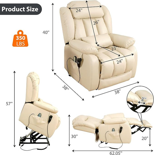EDILLY Large Reclining Lift Chair, Dual Motor Massage Chair, Genuine Leather Recliner with Heating and Massage for Seniors, with Double Lumbar Cushion and Extended Footrest, USB Port(Beige)