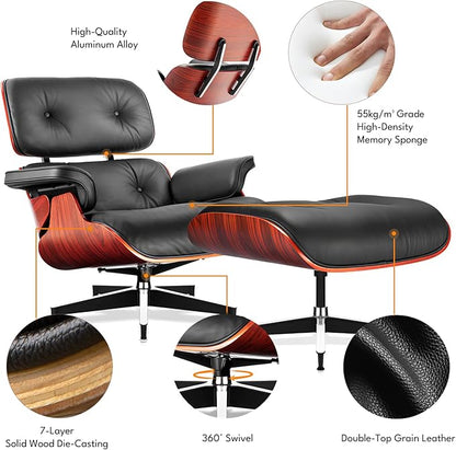 Top Black Grain Leather, Mid Century Chaise Lounge Chair and Ottoman, Modern Chair Classic Design, Heavy Duty Base Support for Living Room Study Lounge Office, Darkrosewood