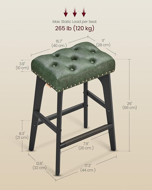 VASAGLE Bar Stools Set of 4, Saddle Counter Height Bar Stools, 26-Inch Backless Kitchen Stools with Wood Legs, PU Leather Thickened Upholstered Barstools for Kitchen Island Dining Room, Forest Green
