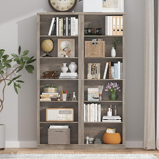 75" Tall Bookshelf & Bookcase Set of 2, 6-Tier Adjustable Storage Shelves, Book Shelf with Anti-Tipping Device, Floor Standing Modern Display Rack for Living Room, Bedroom, Office, Grey