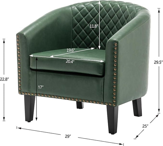 KINWELL 29" W Faux Leather Barrel Chairs Set of 2, Modern PU Upholstered Tufted Club Chairs with Nailhead Trim, Small Armchairs Accent Chairs for Living Room Bedroom Apartment Lounge Nursery, Green