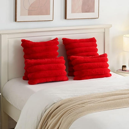 FUTEI Christmas Red Decorative Throw Pillow Covers 12x20 Inch Set of 2, Square Soft Faux Rabbit Fur Thick Striped Lumbar Pillow Case,Winter Home Decor for Couch Bed Living Room