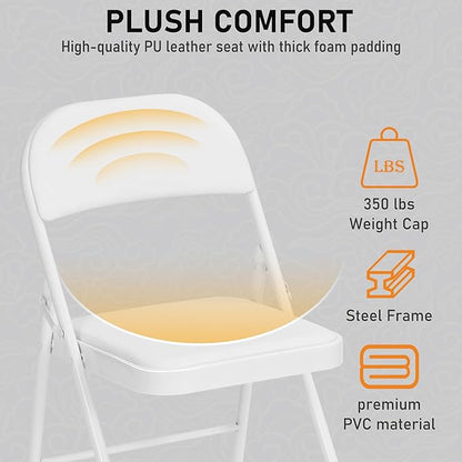 SEALAMB 4 Pack White Folding Chairs with Padded Seats & Cushion, Durable Metal Foldable Chairs for Wedding Party, Commercial Chairs for Office School Church Events, 330lb Capacity (White-PU, 4 Pack)