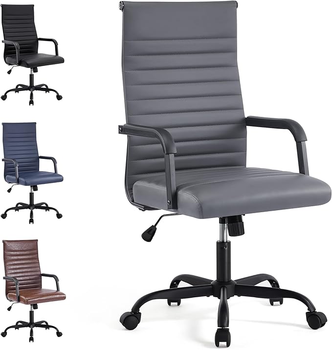 Office Desk Chair, Ergonomic Conference Room Chairs, PU Leather Executive Ribbed Computer Chair, Swivel Rolling Chair for Home Office