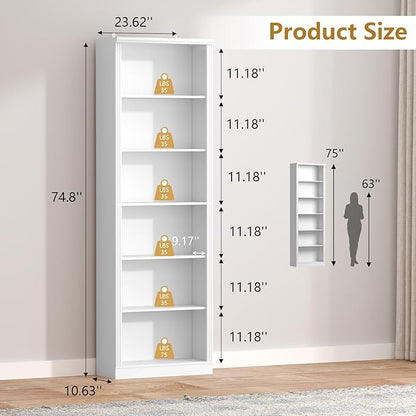 75" Tall Bookshelf & Bookcase, 6-Tier Adjustable Storage Shelves, Book Shelf with Anti-Tipping Device, Floor Standing Modern Display Rack for Living Room, Bedroom, Office, White