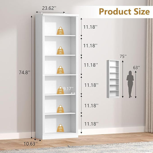 75" Tall Bookshelf & Bookcase Set of 2, 6-Tier Adjustable Storage Shelves, Book Shelf with Anti-Tipping Device, Floor Standing Modern Display Rack for Living Room, Bedroom, Office, White