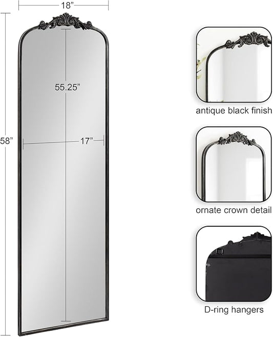 Kate and Laurel Arendahl Vintage Arched Tall Panel Mirror, 18 x 58, Antique Black, Traditional Baroque Full Length Mirror with Ornate Garland Inspired Crown for Bedroom