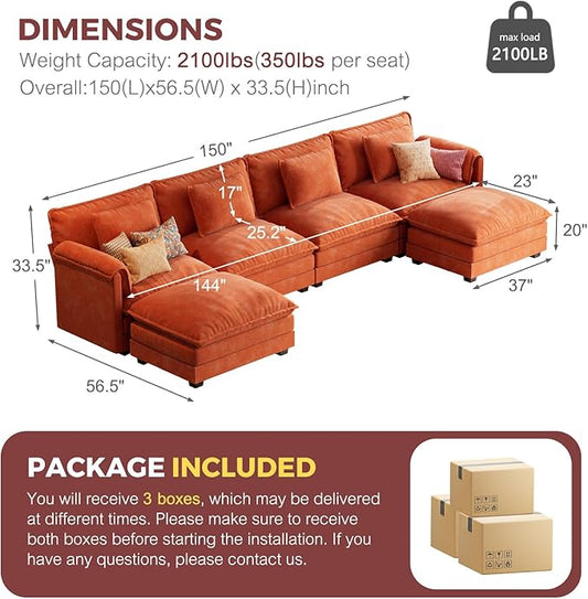ELUCHANG 153" U Shaped Modular Sectional Cloud Couch with Pillow, Deep Seat Sofa Couches for Living Room, 6-Seat Modern Sofa with Movable Ottoman, Chenille Terracotta
