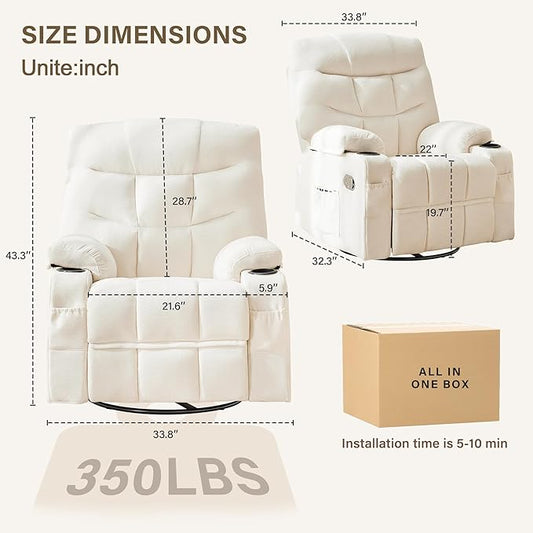 Manual Rocker Recliner Chair, 360°Swivel Recliner Chairs for Adults, Single Recliner Seat with Cup Holders,Upholstered Fabric Lazy Boy Recliner,White