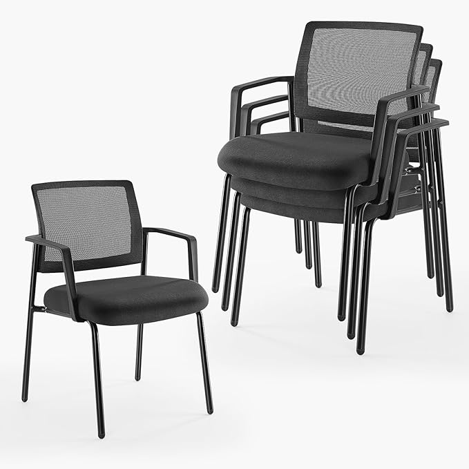 DUMOS Black Stackable Arm Chairs with Mesh Back and Upholstered Fabric, Sturdy Metal Frame, Easy to Store and Use, Perfect for Indoor and Outdoor Spaces, 2 Chair
