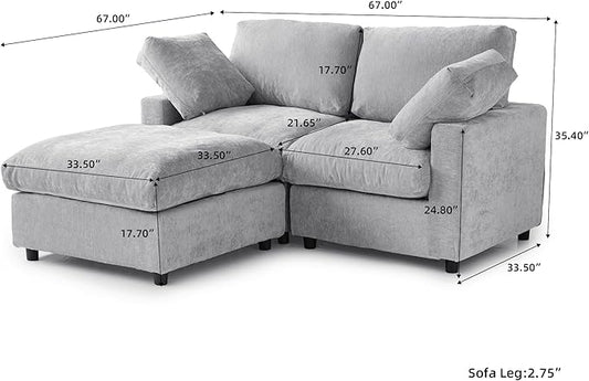 WJShome Cloud Couch Modular Sectional Sofa,67" L Shaped Couch, Convertible Wide Seater, 2 Seater+Ottoman for Living Room Set,Covers Washable&Replaceable,Gray
