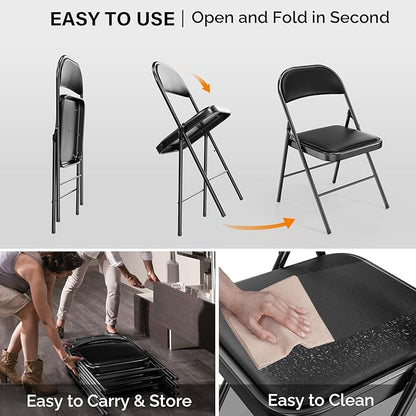 VINGLI 4 Pack Folding Chairs with Padded Seats, Metal Frame with Pu Leather Seat & Back, Capacity 350 lbs, Set of 4, Black