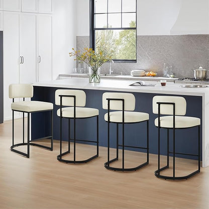 26" H Counter Height Bar Stools Set of 3, Modern Faux Leather Upholstered Barstools with Backrest for Kitchen Island, Black Metal Frames, Cream