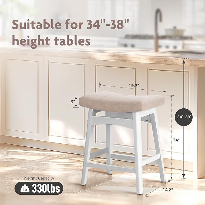ALPHA HOME Bar Stools Set of 1, Solid Wood Saddle Kitchen Stools with Grey PU Leather Cushion Counter Height Barstools with Wooden Base for Kitchen Dining Cafe, 24 Inch, 1PCS