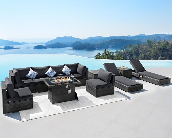 NICESOUL 11 Piece Outdoor Furniture Set with Fire Pit Table Natural Gas/Propane, 29.3'' High Back Comfy Patio Sectionals w/Chaise Lounger, Modern Large Deep Rattan Sofa Set for Garden Backyard, Gray