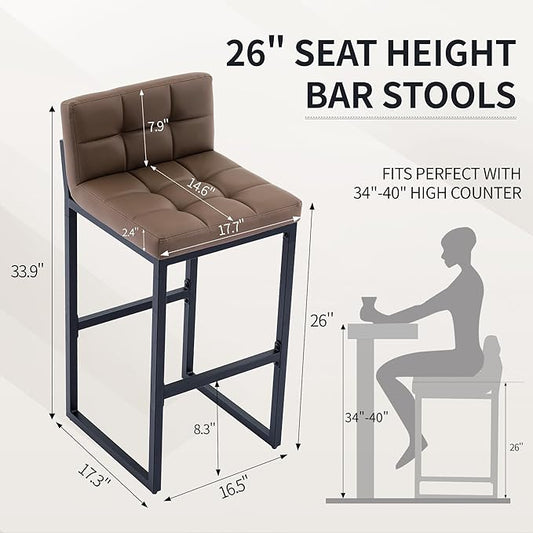Bar Stools Set of 3, Upholstered PU Leather Counter Height Barstools with Low Back and Thickened Metal Legs, Modern Chairs for Kitchen Island, Bar, Counter (Coffee Brown, 3Pcs 26" Bar Stools)