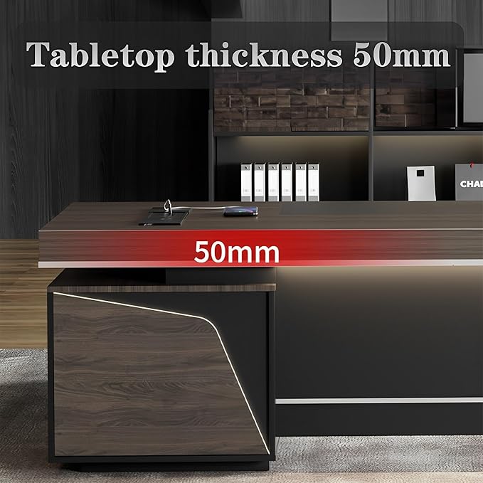 Modern Large Desk, Modern L-shaped Desk With Side Cabinets, Executive Desk With Combination Lock Drawer, Business Furniture Desk With Simple Cable Management (chair Not Included)(63x29.5x94.48inch)