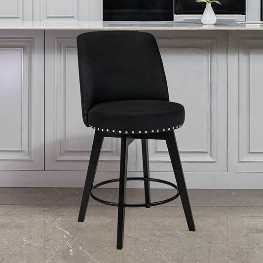 MINCETA Bar Stool, 26 Inch Upholstered Barstool with High Back and Footrest, Swivel Counter Height Barstool for Kitchen Island Home Bar Black