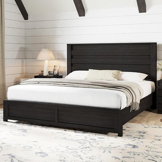 AMERLIFE Farmhouse King Size Bed Frame with 49" Fluted Headboard, Wood Platform Bed with Natural Grain, No Box Spring Needed/Noise Free, Black