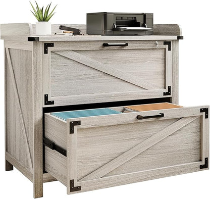 2 Drawer File Cabinet with Lock, Modern Farmhouse Filing Cabinet for Legal/Letter/A4 Size Hanging Files, Large Wood File Cabinets for Home Office