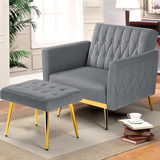 Velvet Accent Chair with Adjustable Armrests and Backrest, Button Tufted Lounge Chair, Single Recliner Armchair with Ottoman and Pillow for Living Room, Bedroom, Grey