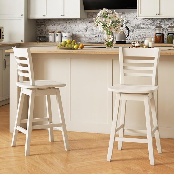 COSTWAY Bar Stools Set of 2, 24.5 Inch Swivel Counter Height Bar Chairs with Hollow Backrest & Contoured Seat, with Footrest for Kitchen Island, Pub, Bistro, Cafe (2, Cream)