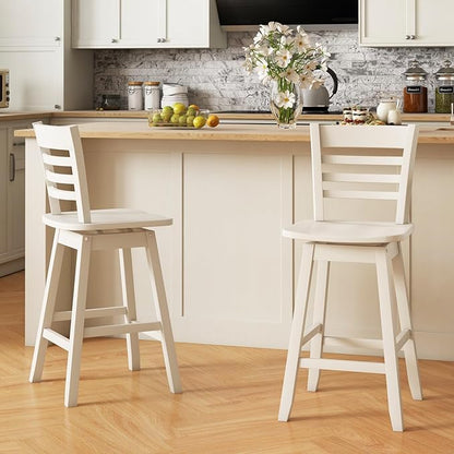 COSTWAY Bar Stools Set of 4, 24.5 Inch Swivel Counter Height Bar Chairs with Hollow Backrest & Contoured Seat, with Footrest for Kitchen Island, Pub, Bistro, Cafe (4, Cream)