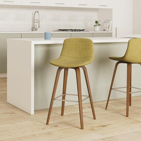 SIMPLIHOME Randolph Counter Stools (Set of 2) - 28 Inch Seat Height Upholstered Bentwood Kitchen Seats in Acid Green Linen Look Fabric, Mid Century Modern Seating with Curved Backrest and Footrest