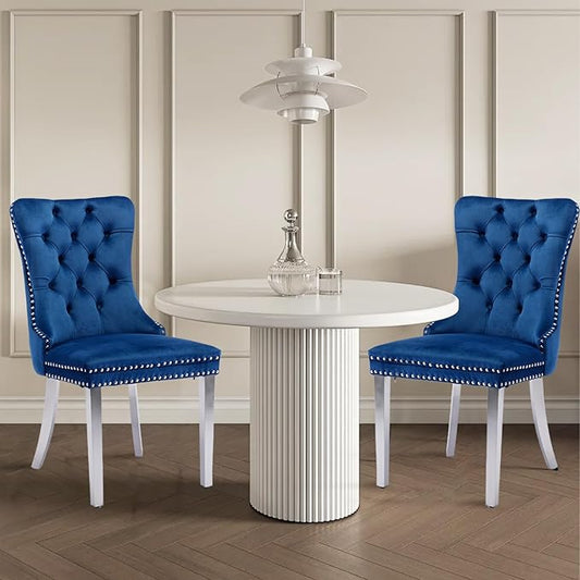 Velvet Upholstered Dining Chairs Set of 2, Modern Style Kitchen Side Chairs with Nailhead Trim and Silver Plated Leg, Metal Pulling Ring for Dining Room Living Room(Blue-Silver Plated Leg)