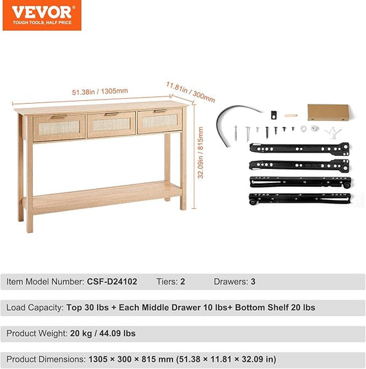 VEVOR Rattan Console Table, Entryway Table with 3 Storage Drawers, Hallway Table with Natural Rattan Sliding Door, Console Sofa Table for Living Room, Study, Entryway Or TV Wall, Natural