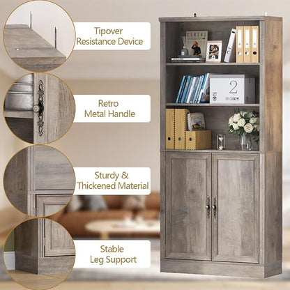 72'' Tall Bookcase with Doors, Adjustable Shelves, P2 MDF Construction, 32'' Wide Freestanding Cabinet with Metal Handles, Hidden Storage for Living Room, Bedroom, Grey