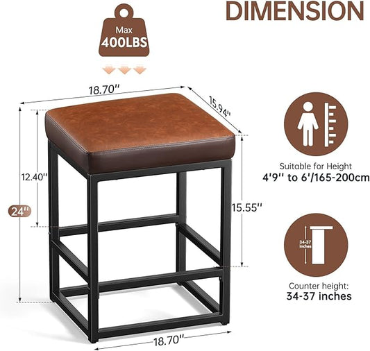 Counter Height Bar Stools Set of 2, 24" Barstools for Kitchen Countertop, Faux Leather Counter Stools with Thick Square Seats & Sturdy Metal Base, Simple Assembly, Brown