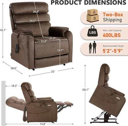 EONIX Dual Motor Lay Flat Power Lift Recliner Chair for Elderly, Chenille Fabric Electric Lift Chairs for Adults, 400lbs Heavy Duty Power Recliner with Heat Massage Charging Ports, Chenille Brown