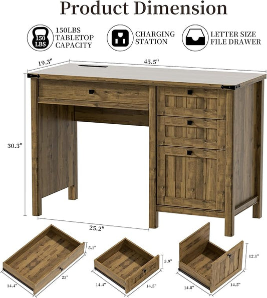 Executive Desk, Farmhouse Computer Desk with Drawers & Cabinet, Home Office Desk for Work Study Writing Workspace (Light Brown, 45")