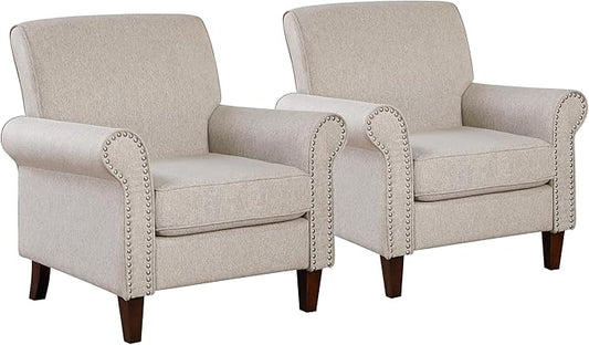 Prilinex Upholstered Living Room Chair Set of 2 - Large Comfy Fabric Accent Chair Single Sofa with Cushion, Rolled Armrest & Nailhead Trim, Mid Century Farmhouse Armchair for Bedroom, Office, Beige