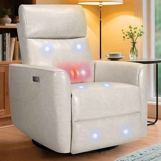 Homdox Power Recliner Chair Swivel Glider with Massage and Heat, Oversized Swivel Rocker Chair, Living Room Nursery Reclining Chair with USB, Faux Leather, for Small Spaces, Ivory