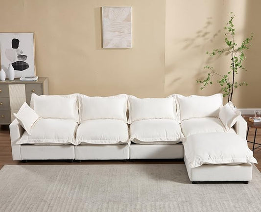 chairus 126" Modular Sectional Sofa with Moveable Ottoman Upholstered Deep Seat Linen Couch Set with Soft Pillows L-Shape Sofa Couch for Living Room, Apartment, Reception Room, 4-Seater/White
