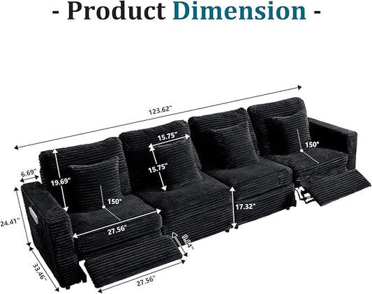 ORRD Power Reclining Sectional Sofa, Electric 4 Seat Recliner with 2 Electric Footrest and Adjustable Headrest, Modern Plush Corduroy Fluffy Modular Sectional with Deep Seat for Living Room-Black