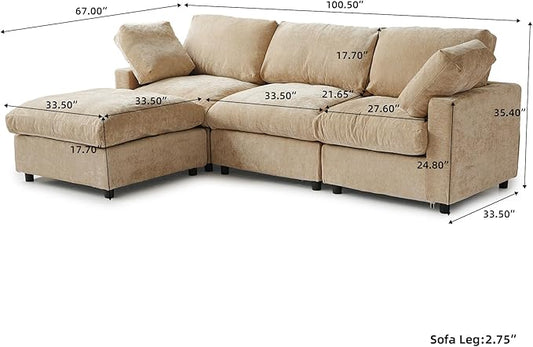 WJShome Modular Sectional Cloud Couch Modern L Shaped Sofa with Ottoman, 100 Inch 3-Seat Chenille Deep Seat Couches for Living Room, Bedroom and Apartment，Khaki