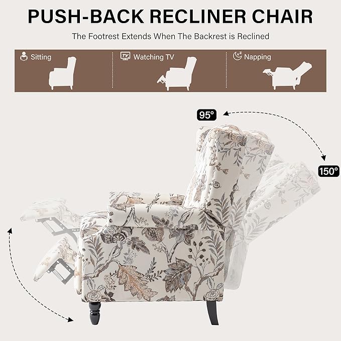 UIXE Pushback Recliner Chair, Fabric Upholstered Armchair Push Back Accent Chair for Living Room, Rivet Trim Home Theater Single Sofa Bedroom Reading Seat with Footrest - Beige Plants