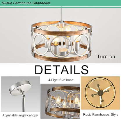 Silver Farmhouse Chandelier Light Fixture, 4-Light Kitchen Lighting Fixture Ceiling Mount, Rustic Round Ceiling Hanging Kitchen Island Lighting for Dining Room Bedroomxture