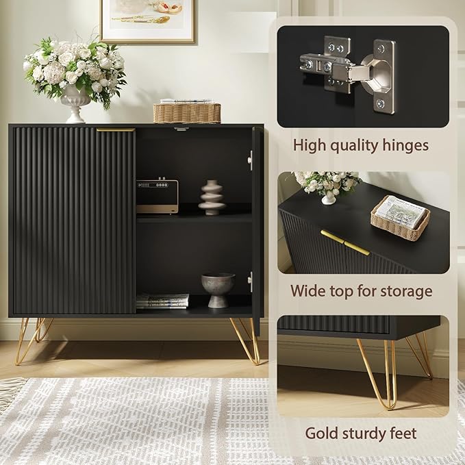 Fluted Storage Cabinet, Set of 2, Sideboard Buffet Cabinet, Modern Wood Accent Cabinet with Adjustable Shelves, Console Table for Living Room, Hallway, Entryway, Black