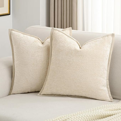 FUTEI Beige Chenille Throw Pillow Covers 20x20 Inch Set of 2,Soft Cozy Bound Edge Design Cushion Case,Home Decor for Couch Bed Living Room